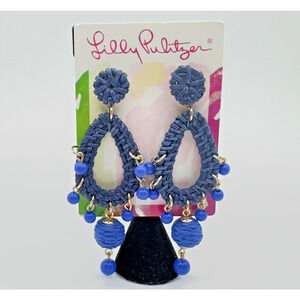 Lilly Pulitzer Raffia Earrings Alba Blue Beaded Drop Statement Jewelry On Card